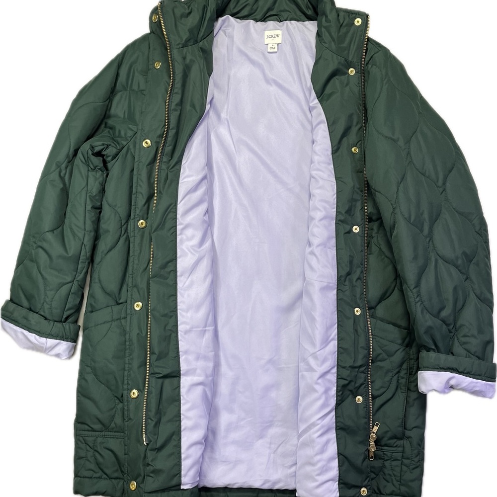 J Crew City Green w/ Light Blue Lining Quilted Puffer Jacket Coat - Like New - L - Picture 2 of 5